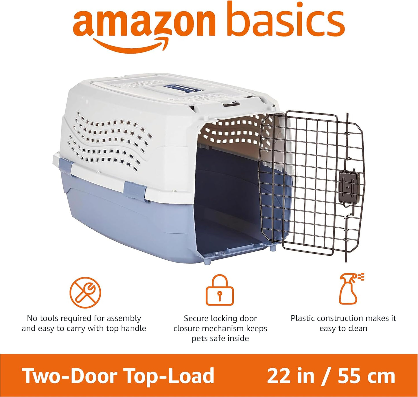 2-Door Top-Load Hard-Sided Dogs, Cats Pet Travel Carrier, Gray & Blue, 22.8"L X 15.0"W X 13.0"H