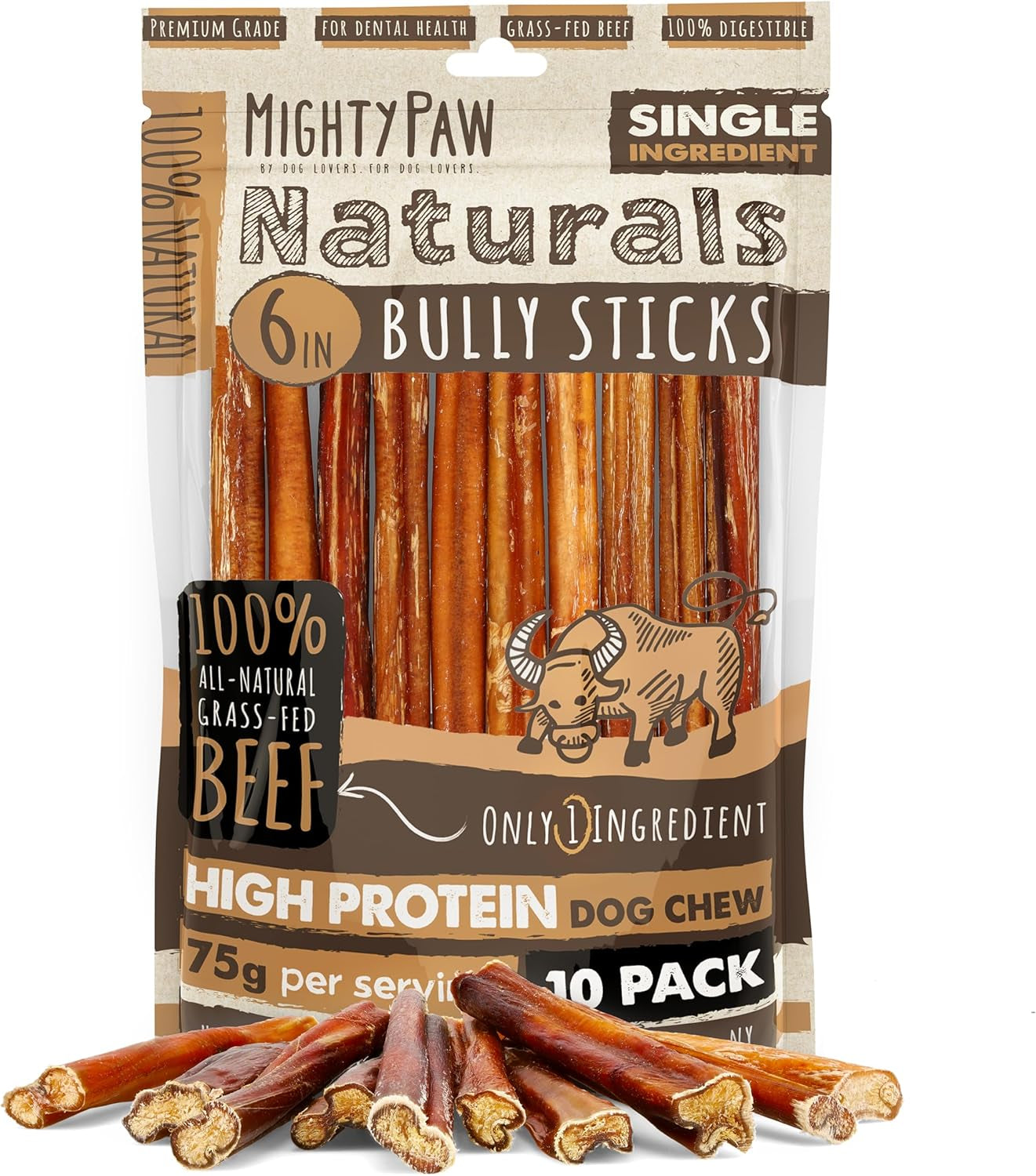 Naturals Bully Sticks for Small & Medium Dogs - Grass Fed Beef Chews. Bully Sticks for Large Dogs. Lower Odor Stick Treat. Single Ingredient (6" - 10 Pack)