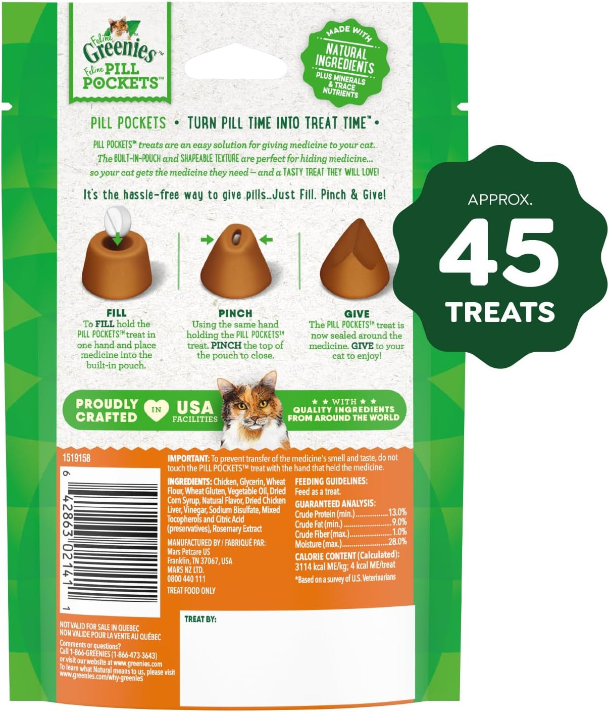 Feline Pill Pockets for Cats Natural Soft Cat Treats, Chicken Flavor, 1.6 Oz. Pouch (45 Treats)