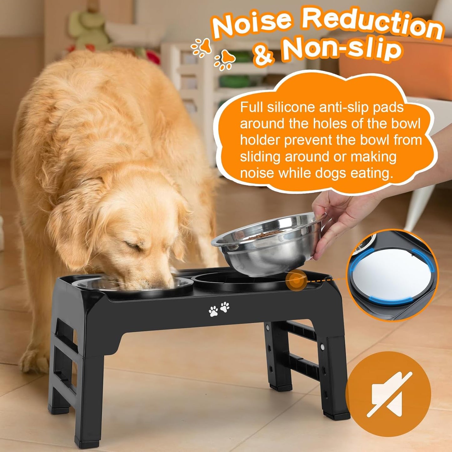 Elevated Dog Bowls, 4 Height Adjustable Raised Bowl Stand with 2 Thick 50Oz Stainless Steel Food Bowls Non-Slip Feeder Adjusts to 3.7'', 9.2'', 10.75'', 12.36'' Black, (DB-W01)