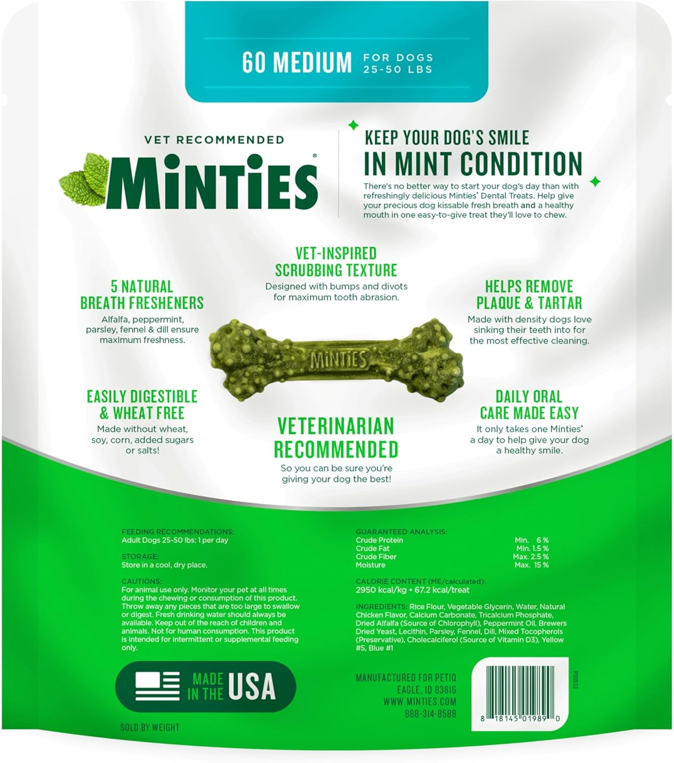 Dental Chews for Dogs, 60 Count, Vet-Recommended Mint-Flavored Treats for Medium Dogs 25-50 Lbs, Bones Clean Teeth, Fight Bad Breath, and Removes Plaque and Tartar