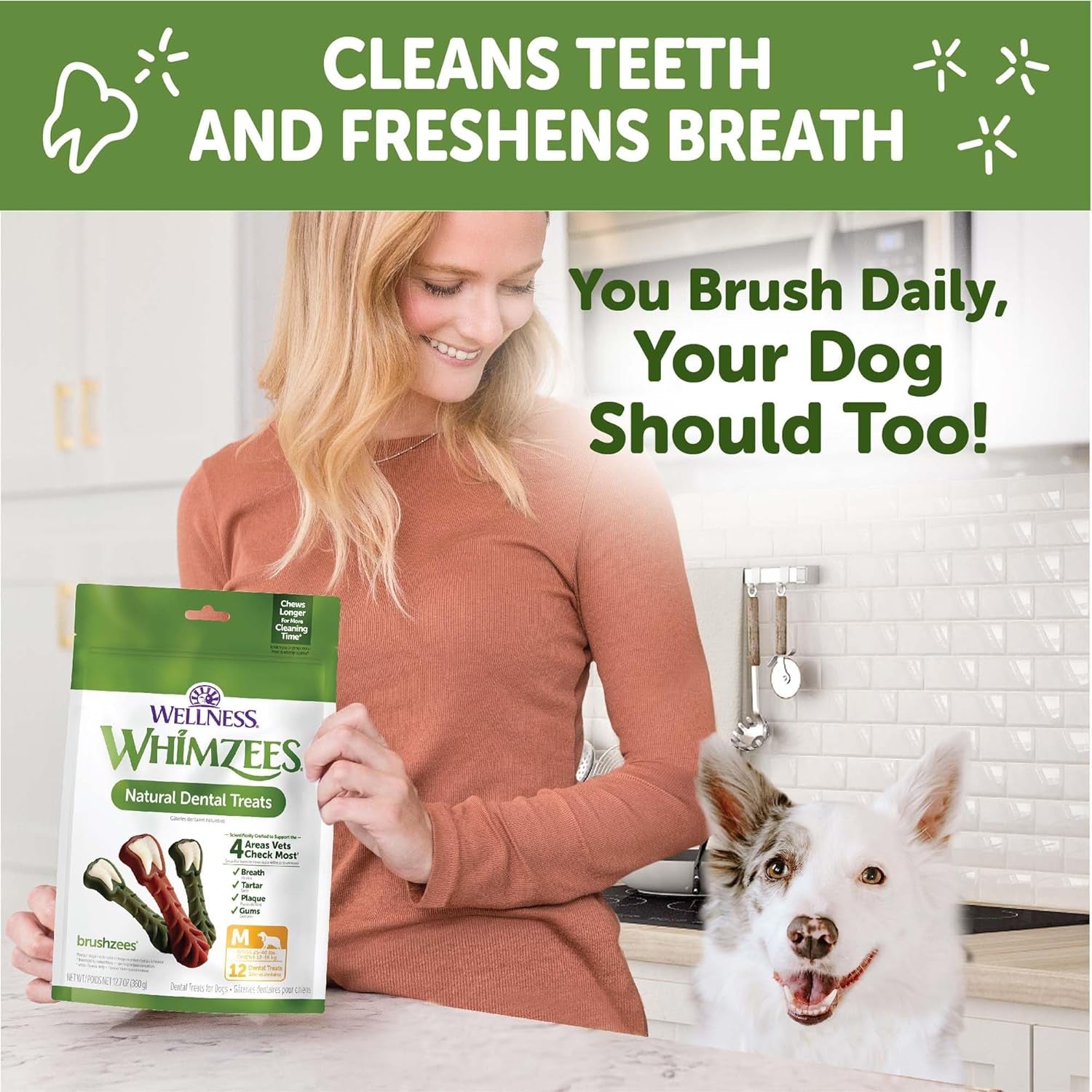 Wellness  Brushzees Dog Dental Treats, Natural Chews, Medium Size Stick, (12 Count)