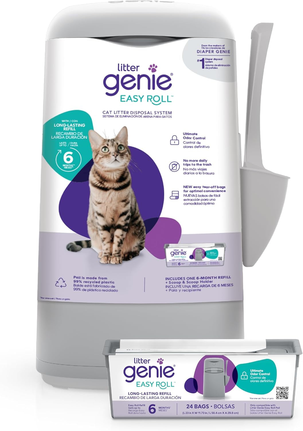 Easy Roll Pail | Cat Litter Box Waste Disposal System for Odor Control | Includes 1 Continuous Refill Bag
