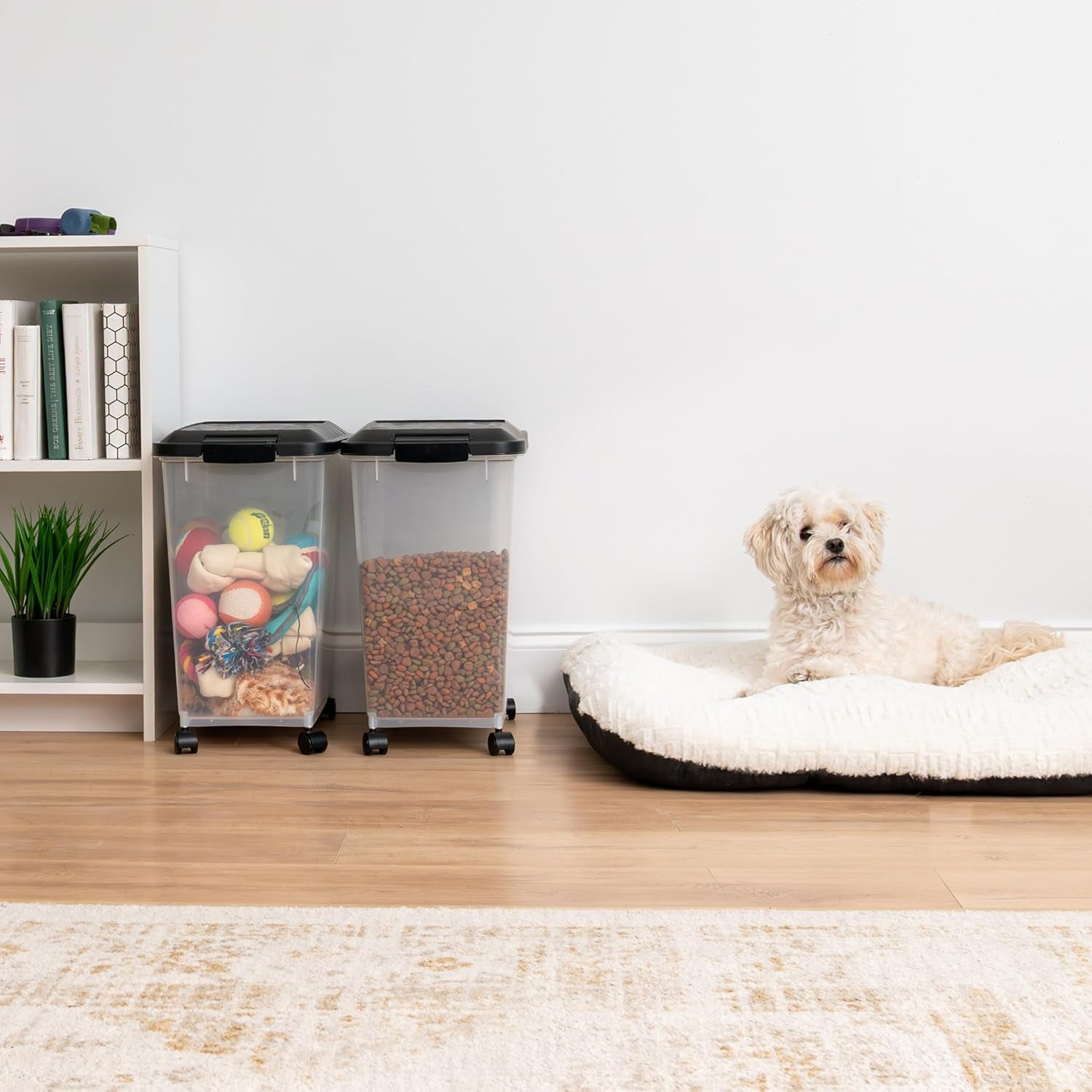IRIS USA Dog Food Storage Container, 2 Pack, up to 30 Lbs Each, Airtight Seal for Freshness, Wheels for Rolling, Easy One Hand Opening, Made in USA, BPA Free, Clear/Black