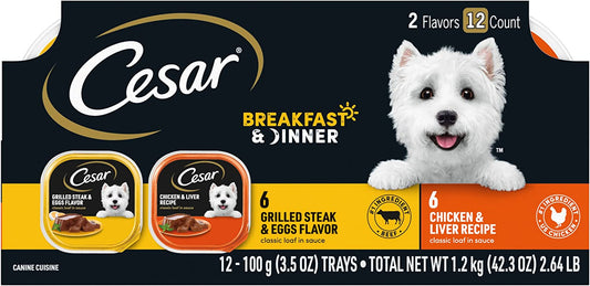 Wet Dog Food Classic Loaf in Sauce Breakfast and Dinner Mealtime Variety Pack, 3.5 Oz. Easy Peel Trays (12 Count, Pack of 1)