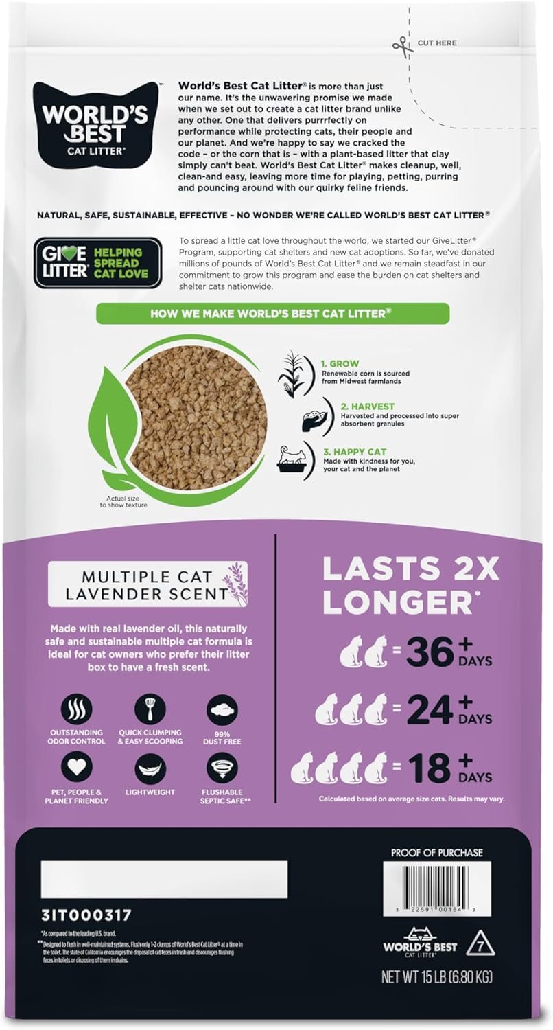 Multiple Cat Lavender Scented 15-Pounds - Natural Ingredients, Quick Clumping, Flushable, 99% Dust Free & Made in USA - Calming Fragrance & Long-Lasting Odor Control
