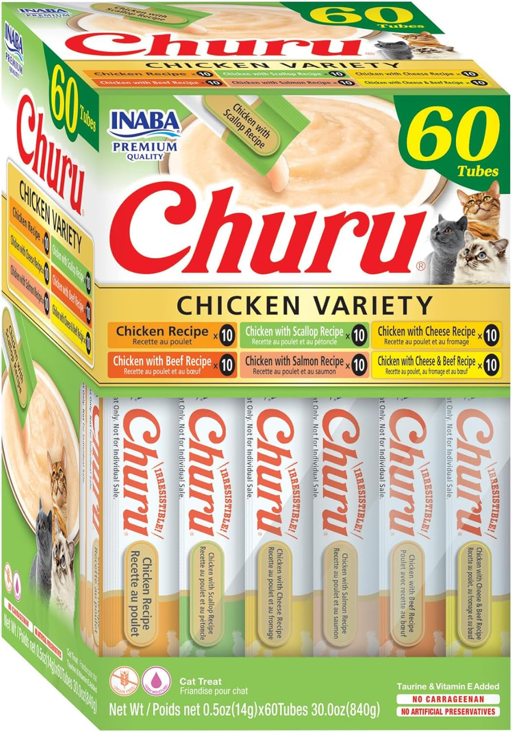 Churu Cat Treats, Grain-Free, Lickable, Squeezable Creamy Purée Cat Treat/Topper, 60 Servings, Chicken Variety Box