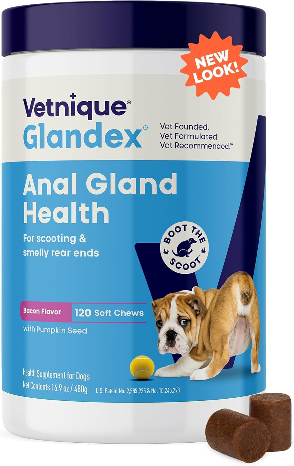 Labs Glandex Anal Gland Soft Chew Treats with Pumpkin for Dogs Digestive Enzymes, Probiotics Fiber Supplement for Dogs Boot the Scoot (Bacon Flavor Chews, 120 Count)