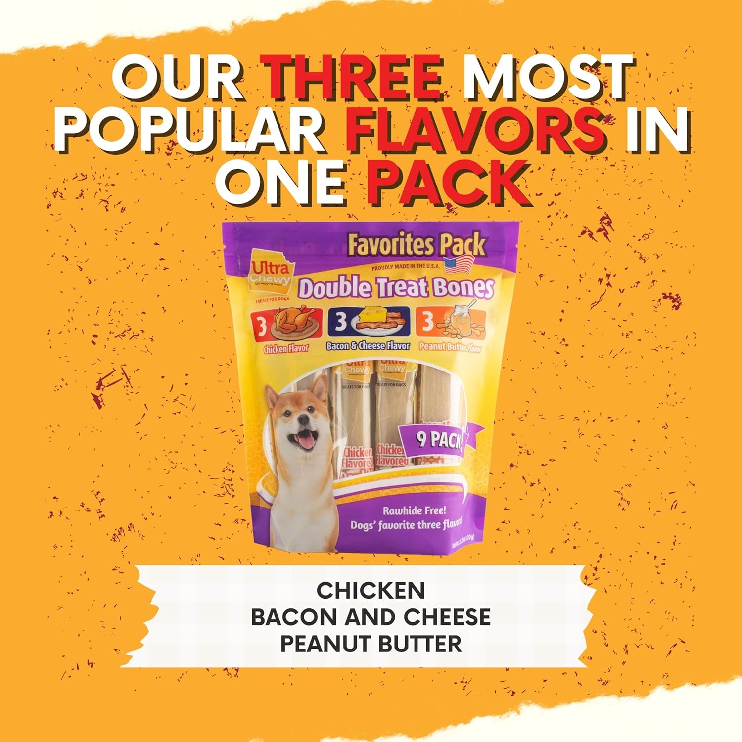 Favorites Double Treat Bones, Made in the USA, Healthy Treats, Easy to Digest, Promotes Dental Health (Assorted Flavors, 2 Packs/9 Bones per Pack)