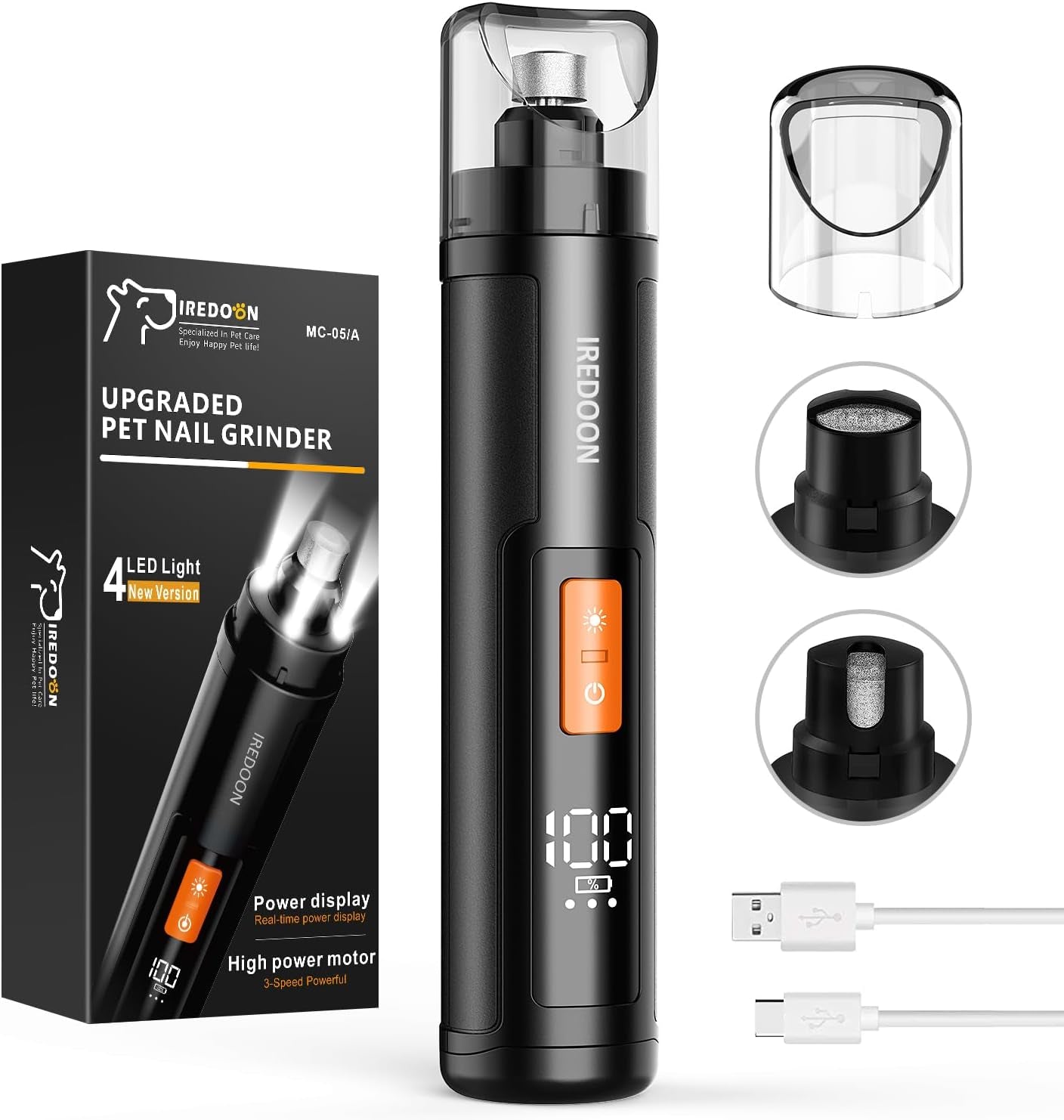 Dog Nail Grinder, Powerful 3-Speed Pet Nail Grinder with 4 LED Lights for Large Dogs & Puppy, Quiet - Rechargeable Dog Nail Trimmer with Dust Cap (Black)