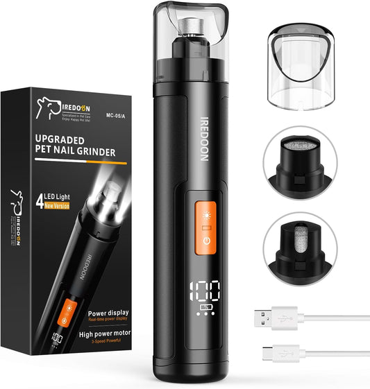Dog Nail Grinder, Powerful 3-Speed Pet Nail Grinder with 4 LED Lights for Large Dogs & Puppy, Quiet - Rechargeable Dog Nail Trimmer with Dust Cap (Black)