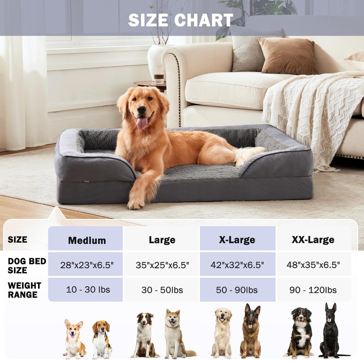 Orthopedic Dog Beds Large Sized, XL Washable Dog Sofa with Egg-Crate Foam, Waterproof Lining and Non-Skid Bottom