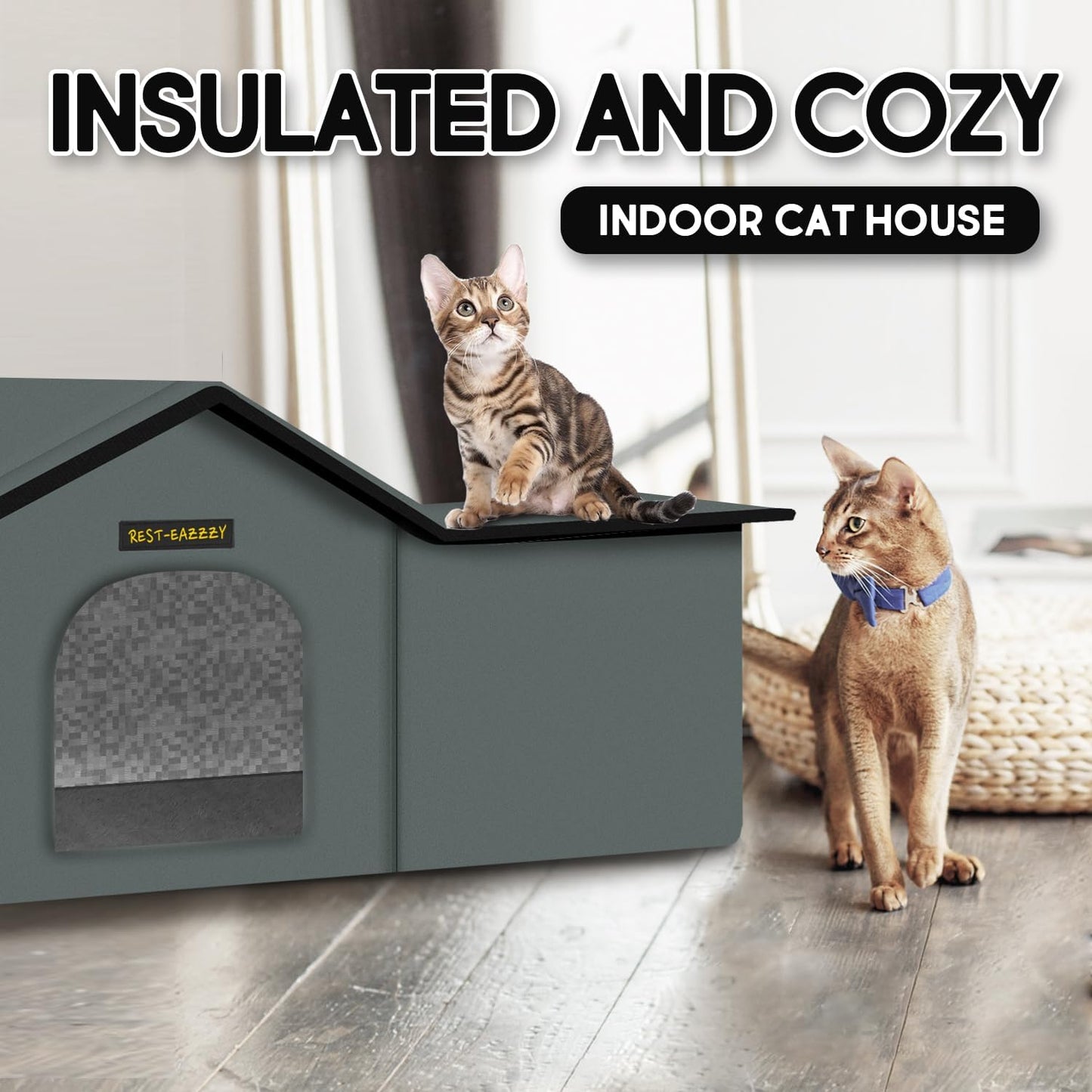 Cat House for Outdoor Cats, Weatherproof and Insulated Feral Cat House with Mat and Clip, Easy to Put Together, Selfwarming Cat Shelter for Winter(Grey, Waterproof House-L)