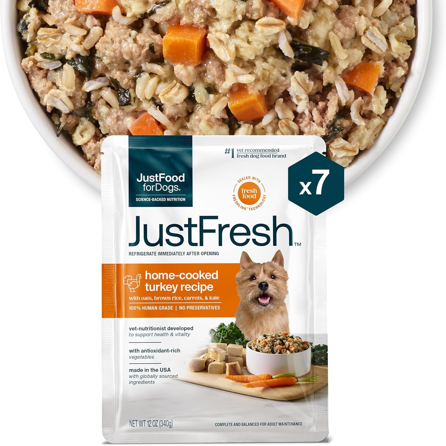 Justfresh Wet Dog Food, Fresh Pet Meals and Toppers with No Preservatives, Resealable Package, Human Grade, Home-Cooked Turkey, 12 Oz - 7 Pack