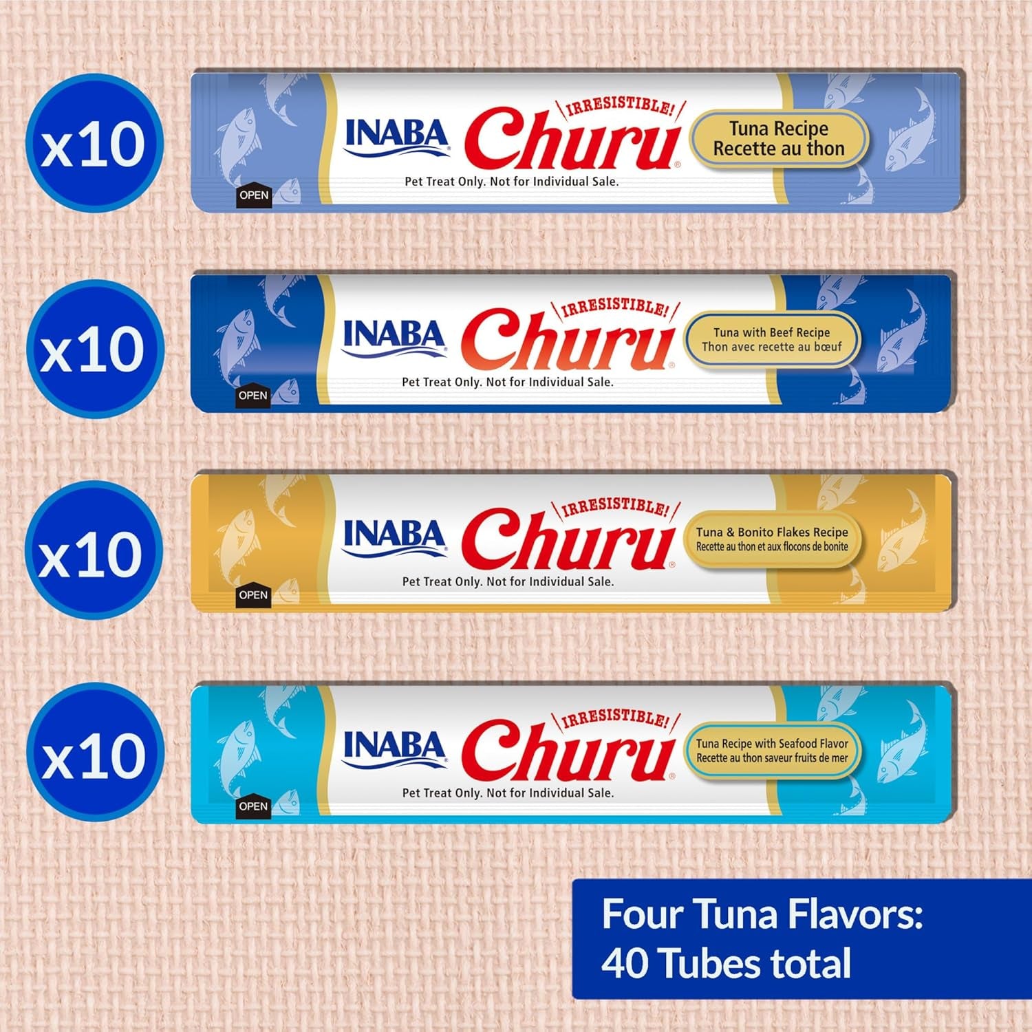 Churu Cat Treats, Grain-Free, Lickable, Squeezable Creamy Purée Cat Treat/Topper with Vitamin E & Taurine, 0.5 Ounces Each Tube, 40 Tubes, Tuna Variety Box