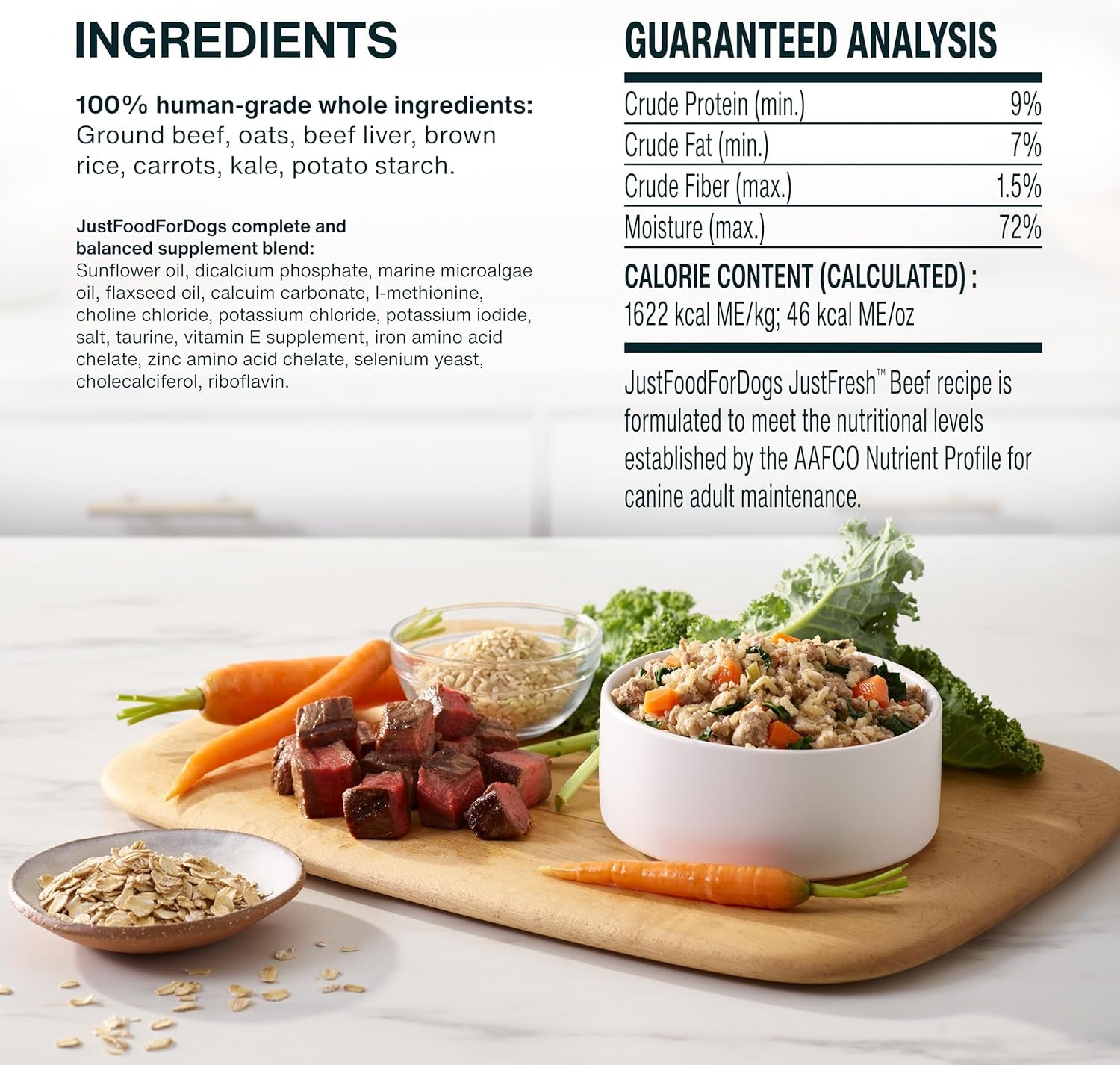 Justfresh Wet Dog Food, Fresh Pet Meals and Toppers with No Preservatives, Resealable Package, Human Grade, Home-Cooked Beef, 12 Oz - 7 Pack