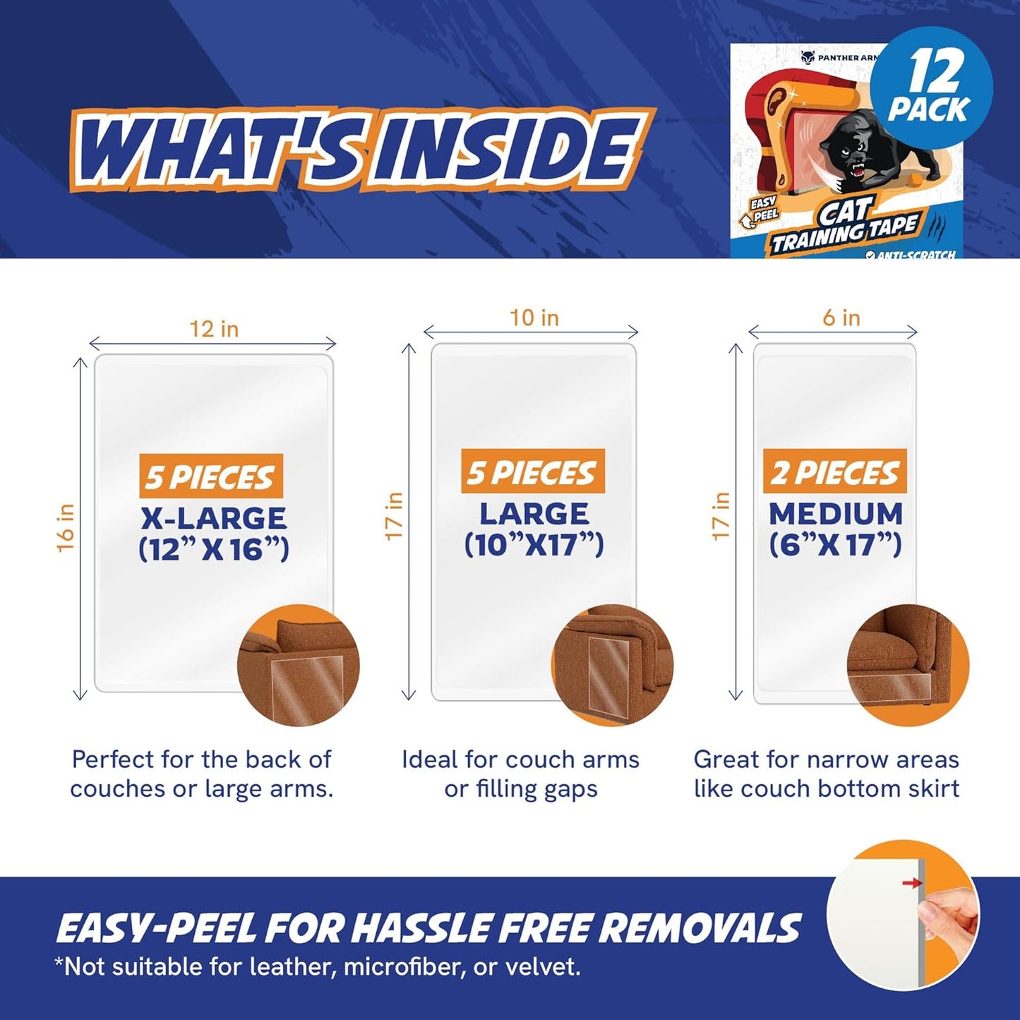 12 Pack Cat Scratch Furniture Protector Tape Sheets – Double-Sided Sticky Training (5 XL, 5 Large, 2 Medium) – Anti-Scratch Couch & Sofa Guard – Clear – Not for Leather, Velvet, Microfiber