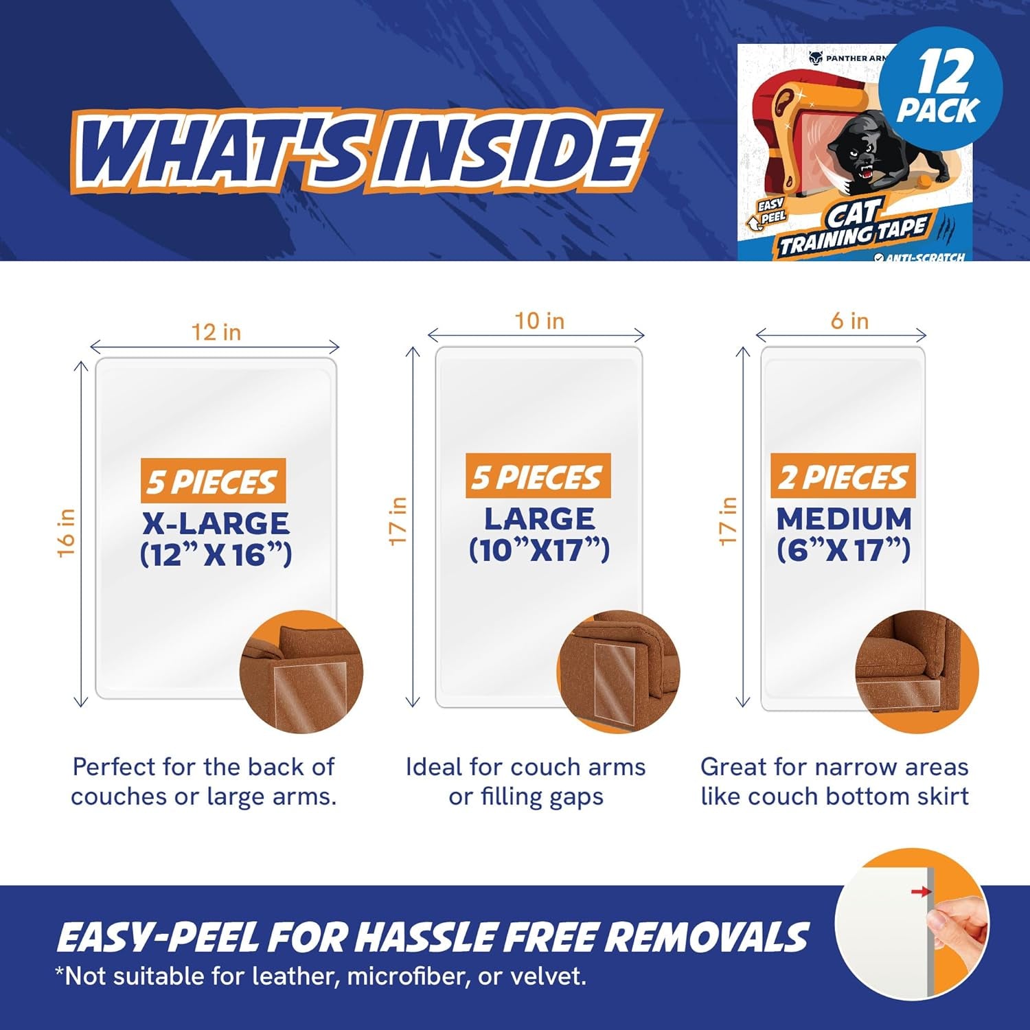 12 Pack Cat Scratch Furniture Protector Tape Sheets – Double-Sided Sticky Training (5 XL, 5 Large, 2 Medium) – Anti-Scratch Couch & Sofa Guard – Clear – Not for Leather, Velvet, Microfiber