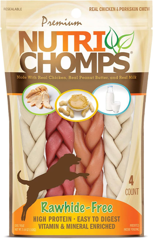 Nutrichomps Dog Chews, 6-Inch Braids, Easy to Digest, Rawhide-Free Dog Treats, Healthy, Real Chicken, Peanut Butter and Milk Flavors, Pack of 4