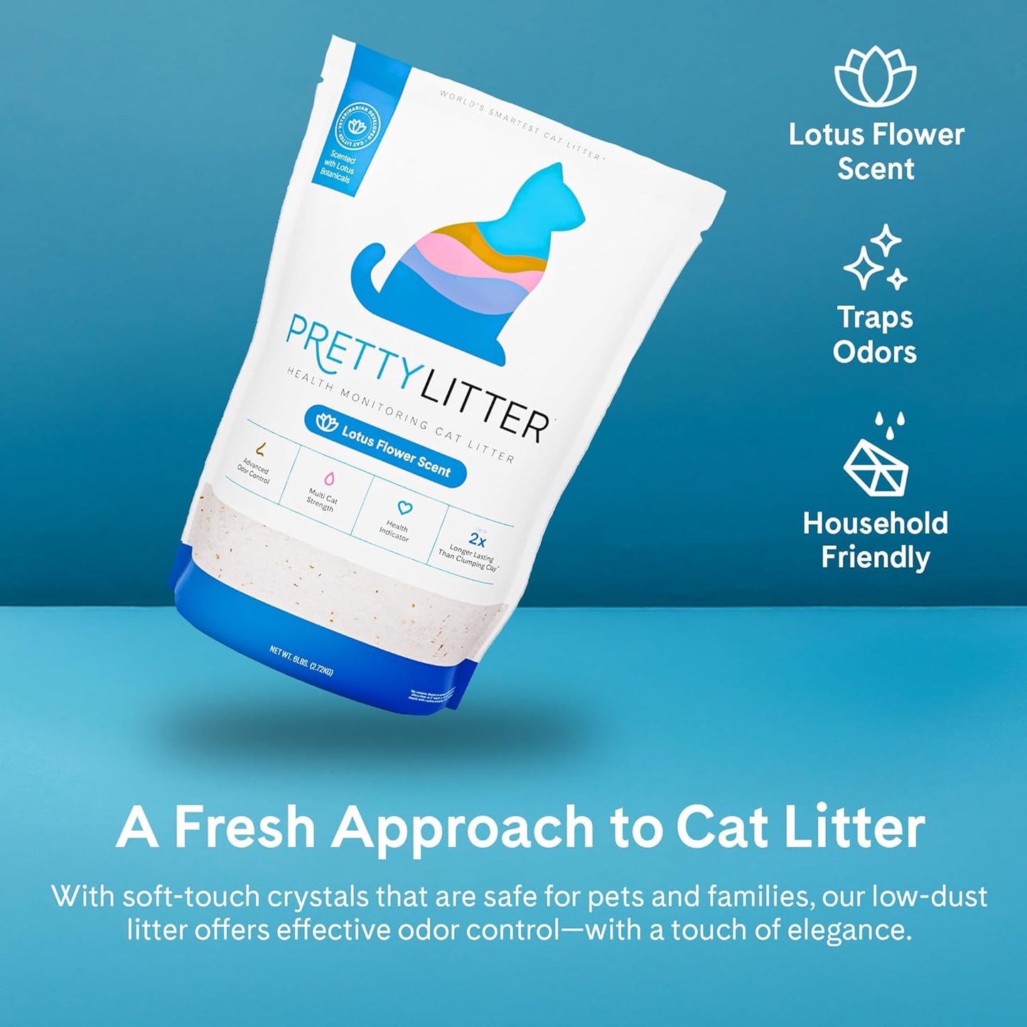 Prettylitter Health Monitoring Cat Litter (Lotus Flower, Non Clumping) | Lightweight & Low Tracking, Color Changing Silica Gel Crystals, Advanced Odor Control — 6 Lbs, Pack of 1 (One Month Supply)
