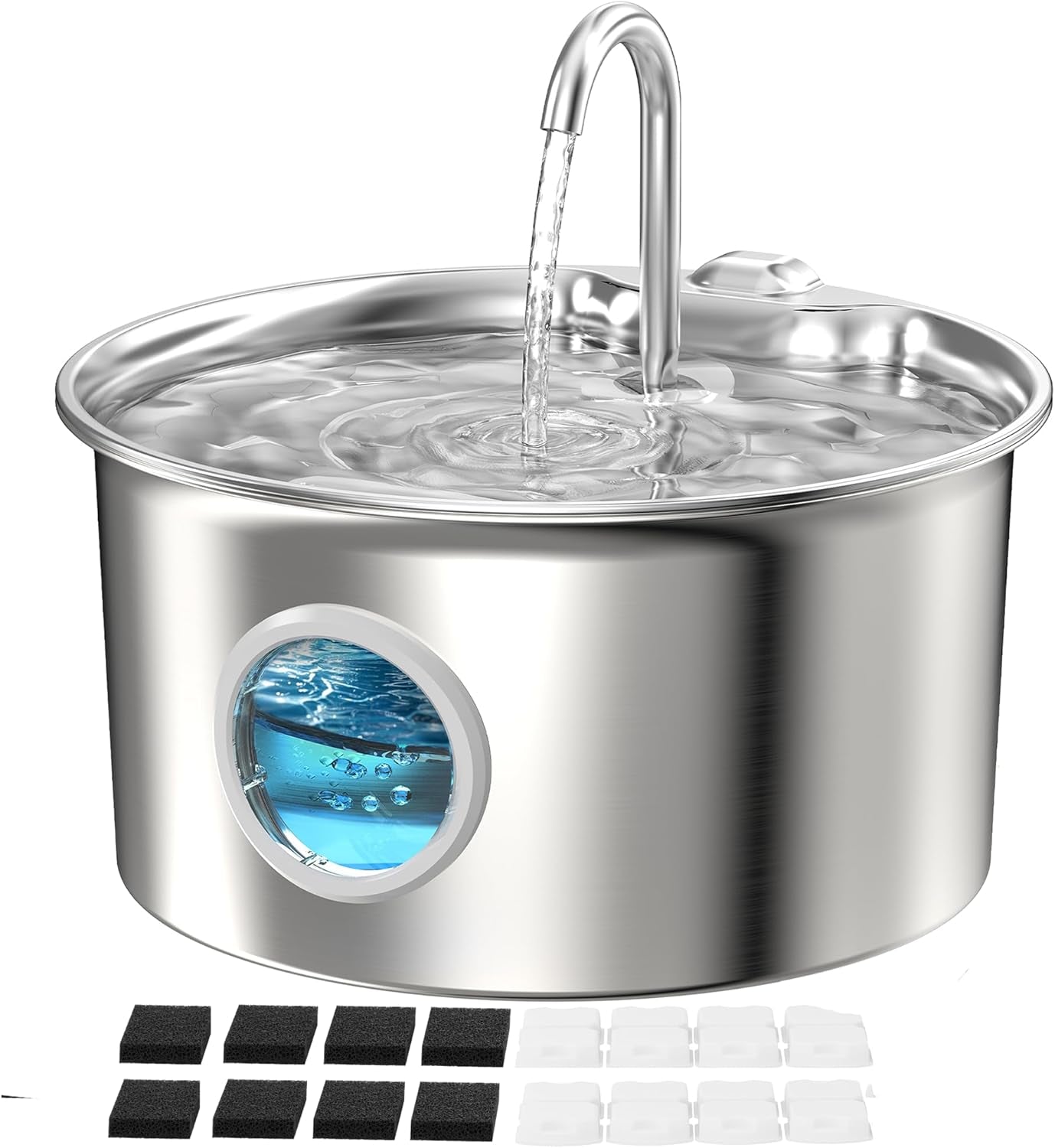 Pet Water Fountain Stainless Steel: Mental Cat Water Fountains for Cats Indoor - 88Oz/2.6L Noiseless Cats Waterer Bowl Dispenser -  Kitten Drinking Fountains with 8 Filters + 8 Sponges