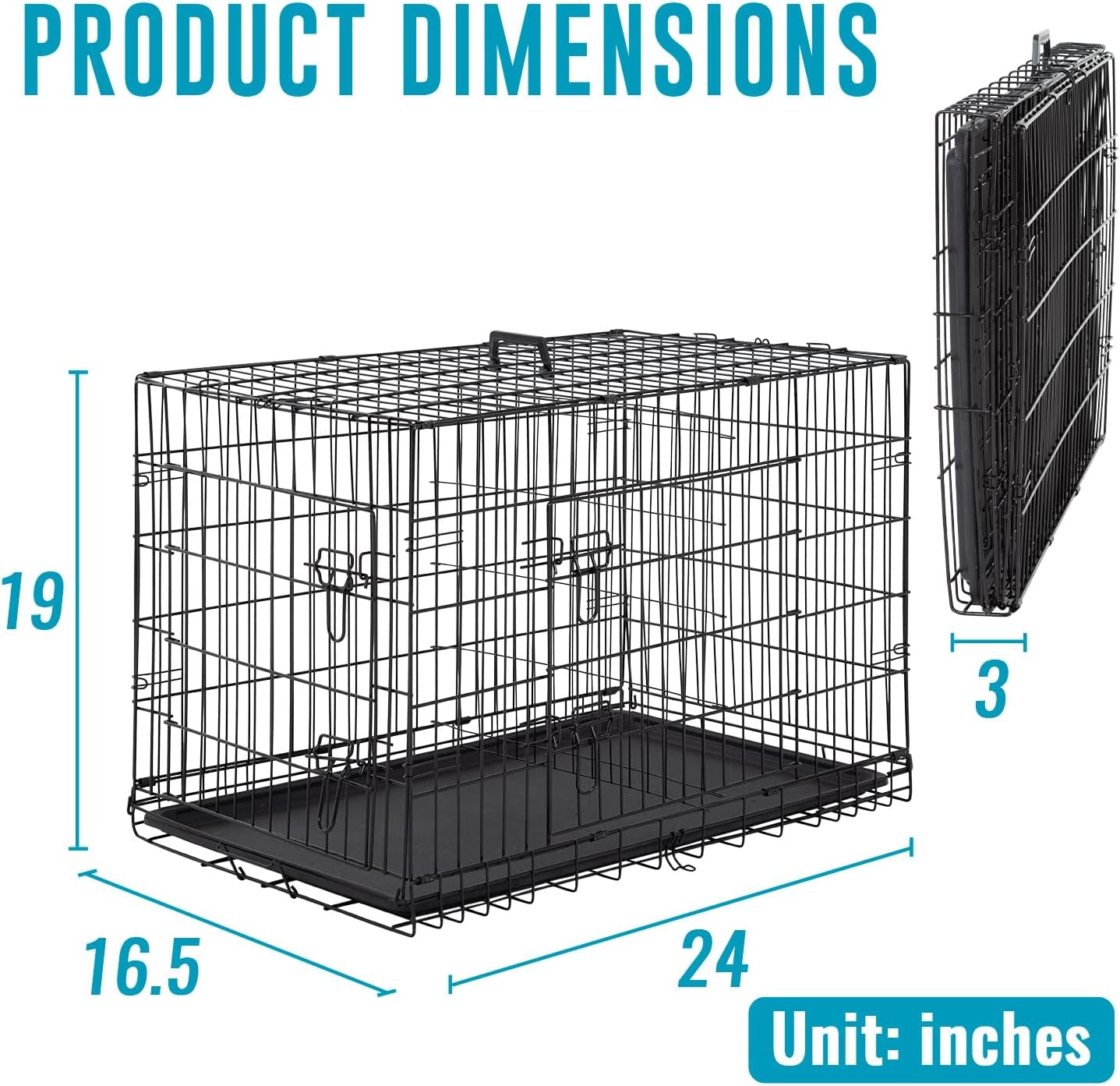 Dog Crate for Small Dogs 24 Inch Folding Metal Wirepet Cage Double Door W/Divider Panel Indoor Outdoor Kennel Leak-Proof Plastic Tray,Black
