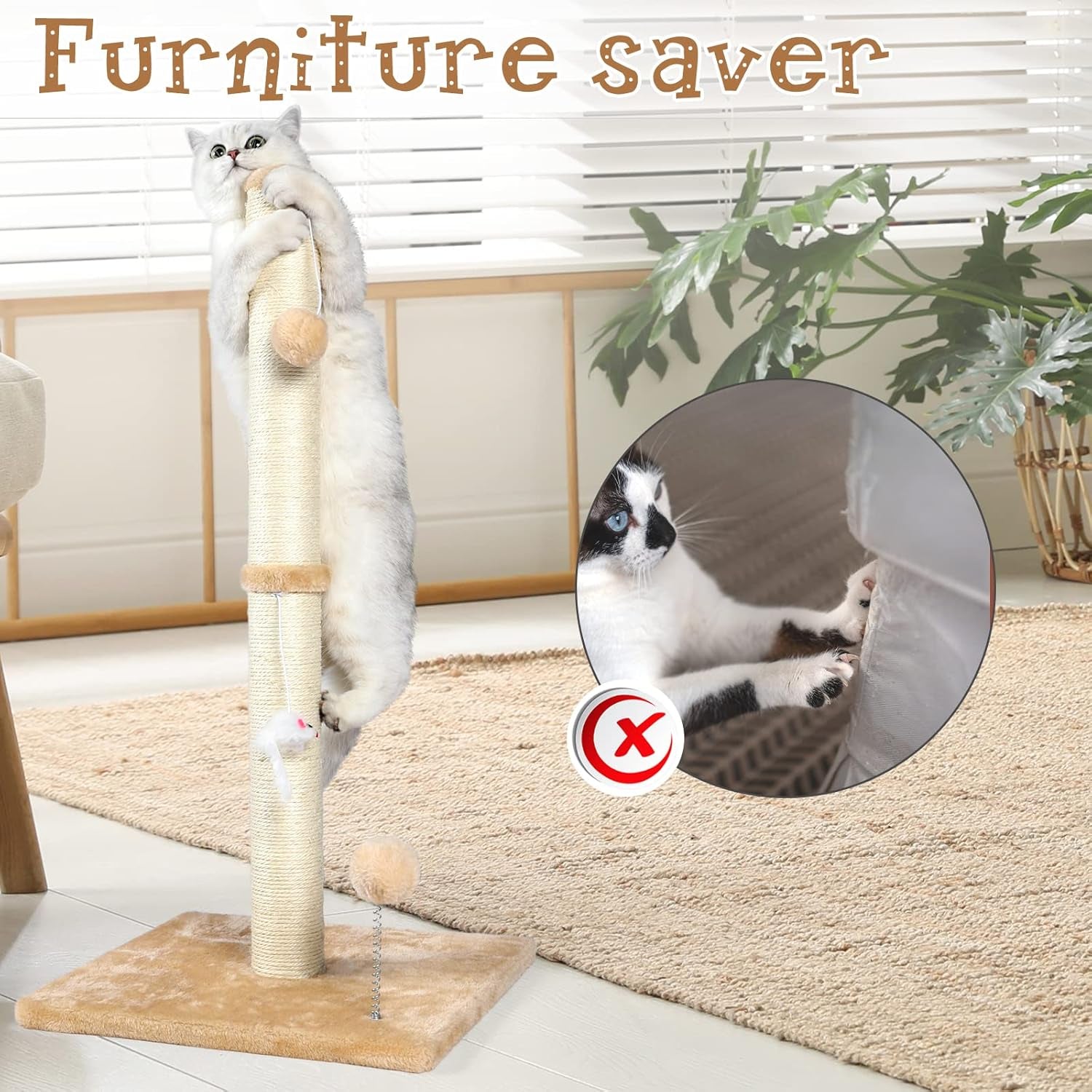 32" Tall Cat Scratching Posts for Indoor Cats, 3-In-1 Vertical Cat Scratching Post with Plush Toys, Premium Sisal Post for Cats at All Ages with Reinforced Stable Base, Beige