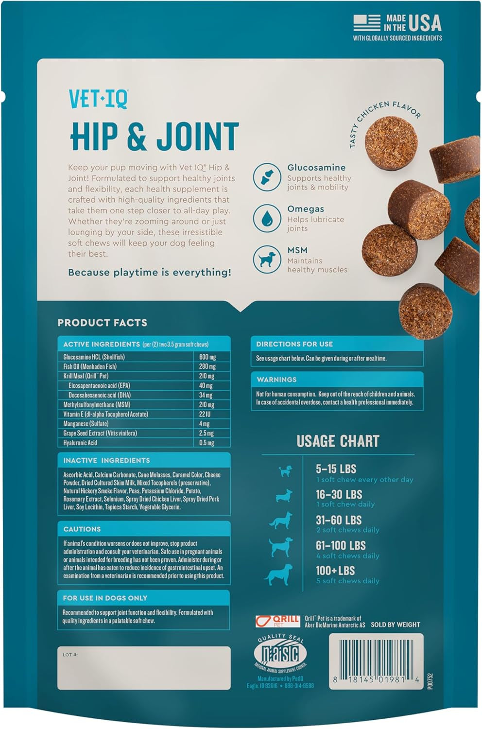 Hip & Joint Supplement for Dogs, anti Inflammatory Joint Support, Glucosamine, MSM, and Krill, Chicken Flavored Soft Chews, 60 Count