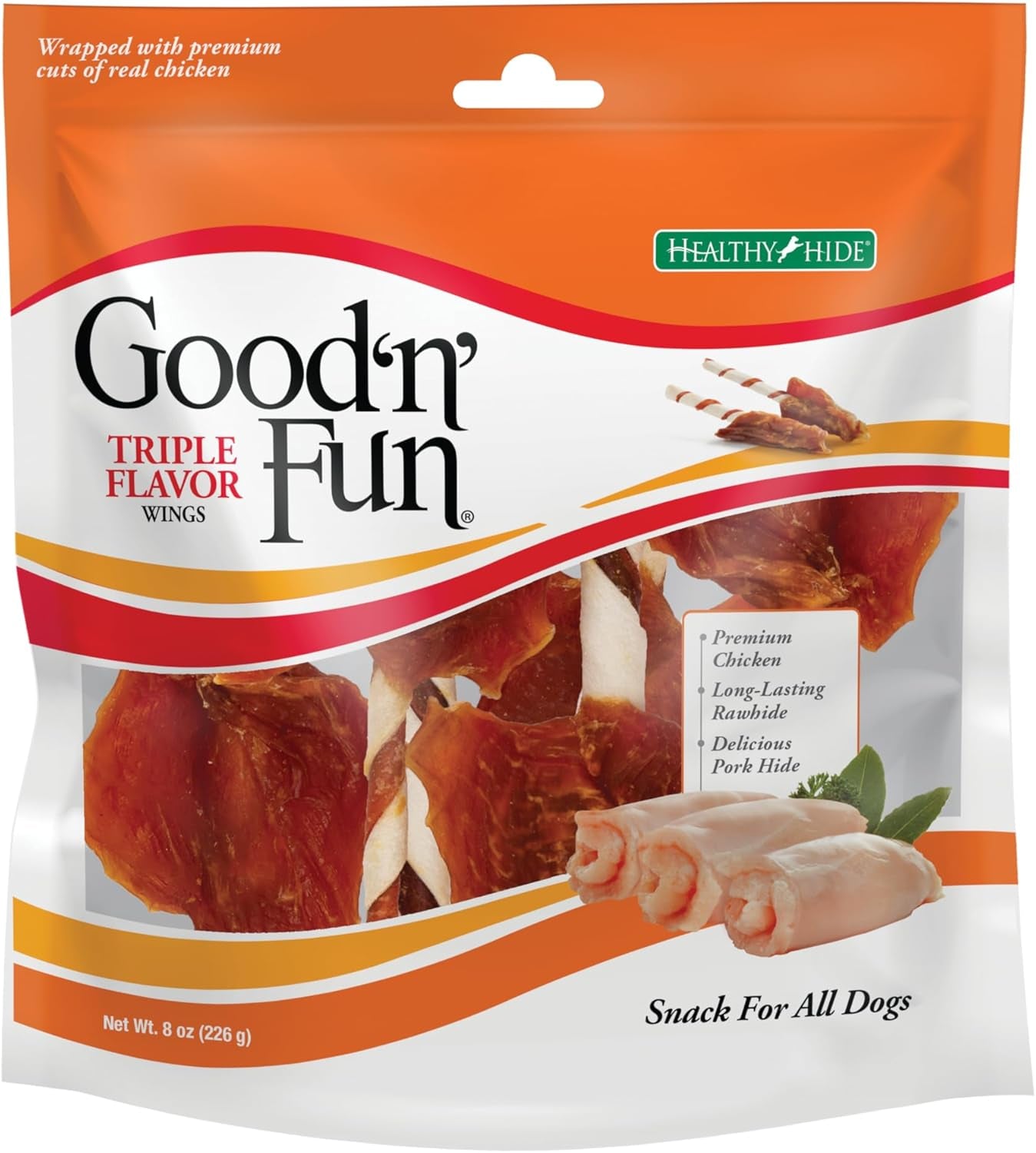 Good ‘N’ Fun Triple Flavor Wings Chews for All Dogs, 8 Ounces, Treat Your Dog to Long-Lasting Chews Made with Chicken, Beef Hide and Pork Hide