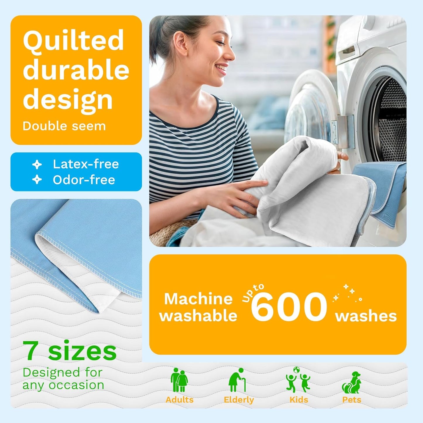 Washable Underpads - Large Bed Pads for Use as Incontinence Bed Pads, Reusable Pet Pads, Great for Dogs, Cats, Bunny, Seniors Bed Pad (Pack of 4 - 34X36)