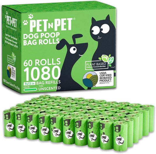 1080 Counts Green Poop Bags for Dogs, 41% Plant Based & 59% PE Extra Thick Dog Poop Bags Rolls, 9" X 13", Unscented Pet Waste Bag