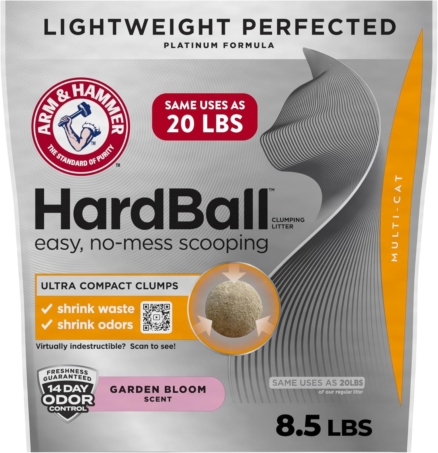 Hardball Lightweight Platinum Multi-Cat Clumping Cat Litter Odor Control, Easy No-Mess Scooping, Garden Bloom Scent, 8.5 Lbs.