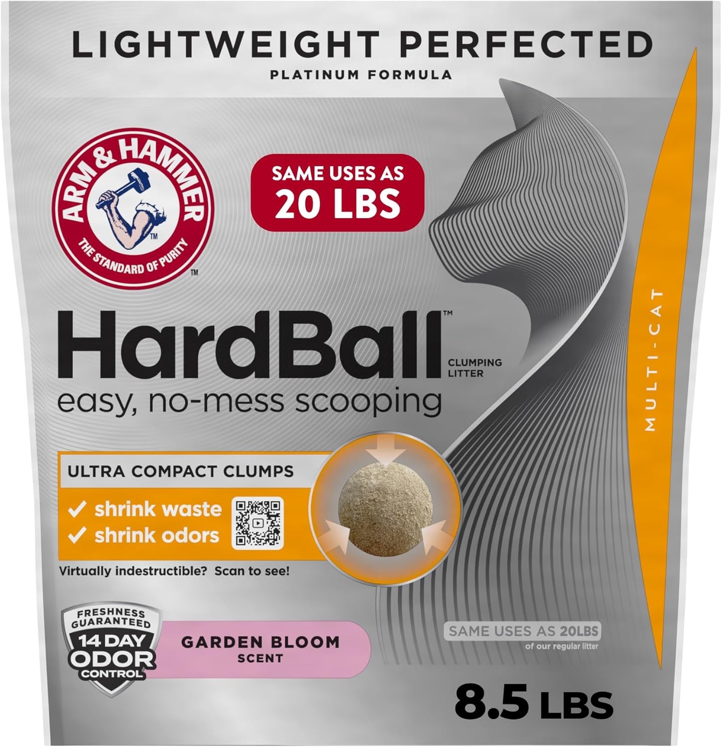 Hardball Lightweight Platinum Multi-Cat Clumping Cat Litter Odor Control, Easy No-Mess Scooping, Garden Bloom Scent, 8.5 Lbs.