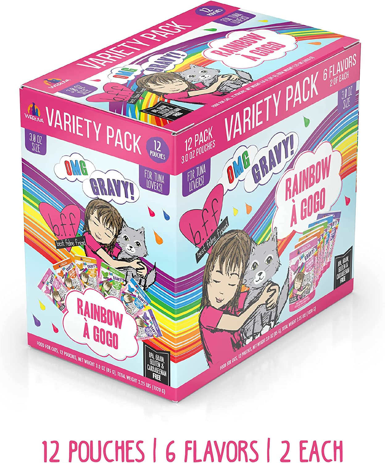 B.F.F. OMG - Best Feline Friend Oh My Gravy!, Rainbow a Gogo Variety Pack! Cat Food, 3Oz Pouch (Pack of 12)