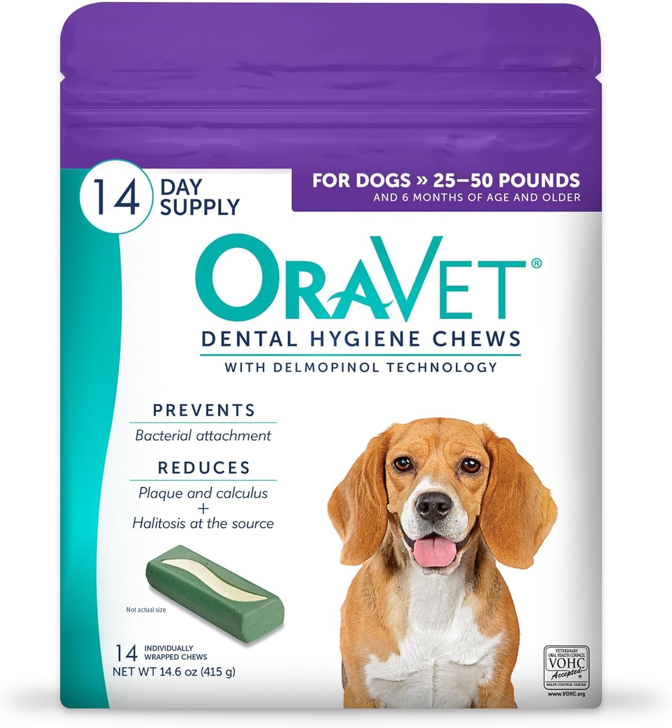 Dental Chews for Dogs, Oral Care and Hygiene Chews (Medium Dogs, 25-50 Lbs.) Purple Pouch, 14 Count