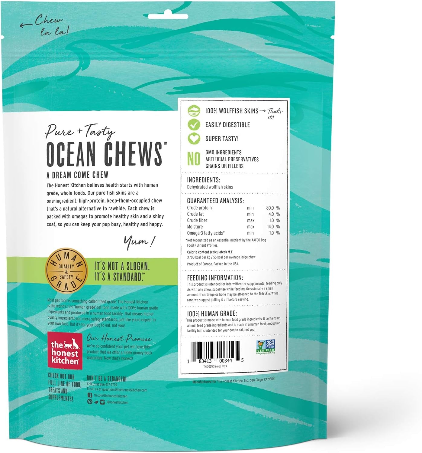 Ocean Chews Hearty Wolffish Skins Dog Treats, 6 Oz (Beams)