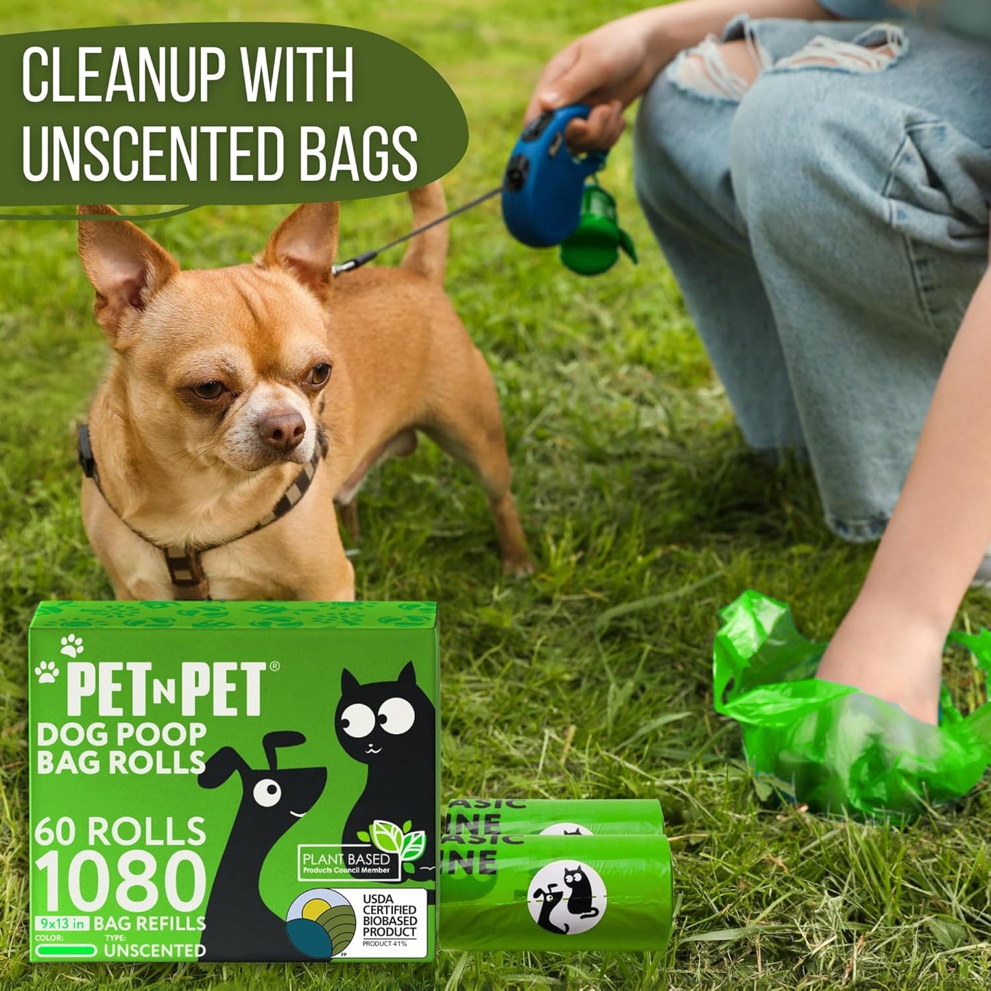 1080 Counts Green Poop Bags for Dogs, 41% Plant Based & 59% PE Extra Thick Dog Poop Bags Rolls, 9" X 13", Unscented Pet Waste Bag
