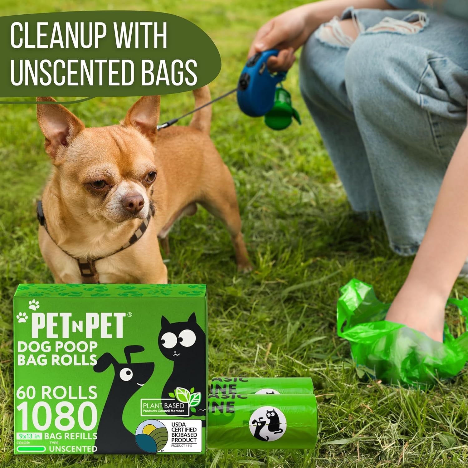 1080 Counts Green Poop Bags for Dogs, 41% Plant Based & 59% PE Extra Thick Dog Poop Bags Rolls, 9" X 13", Unscented Pet Waste Bag