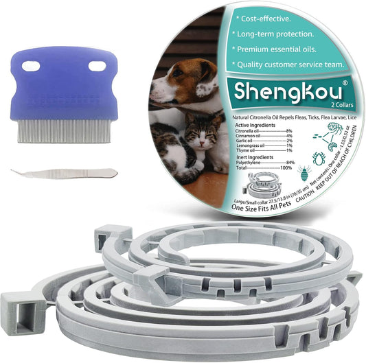Flea and Tick Collar for Dogs and Cats - Safe and Natural Prevention and Control of Pests on Puppies and Kittens - Waterproof - Free Comb - 2-Pack (13.8 in & 27.5 In)