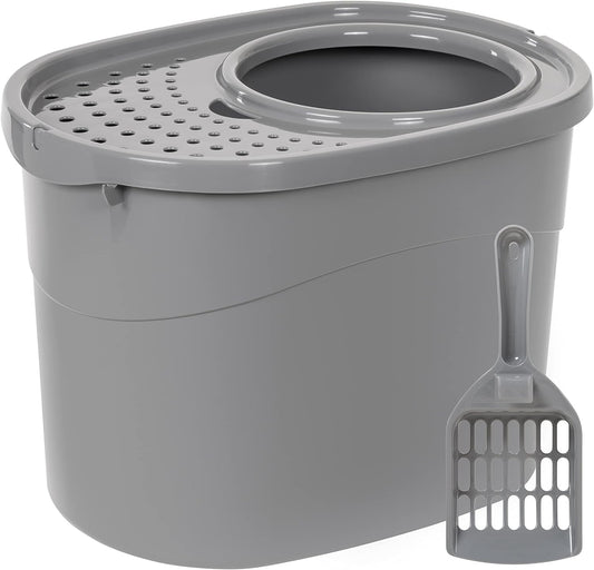 Large Cat Litter Box with High Sides, Top Entry, Includes Scoop, 20.5 X 14.75 X 14.38 Inches, Grey