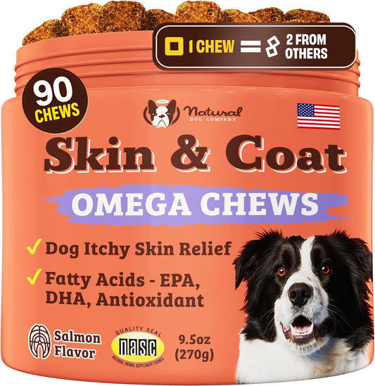 Skin & Coat Supplement for Dogs – Omega 3 Salmon Oil, Biotin & Vitamin E Support Shiny Coat, Healthy Skin & Normal Shedding, Promotes Comfort from Occasional Itch, 90 Count