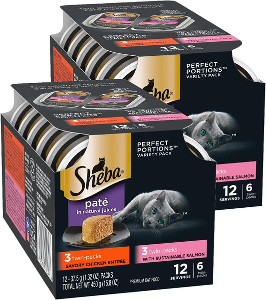 Perfect Portions Wet Cat Food Pate Savory Chicken Entree and with Sustainable Salmon Variety Pack, 2.6 Oz. Twin-Pack Trays (6 Count, 12 Servings) (Pack of 2)