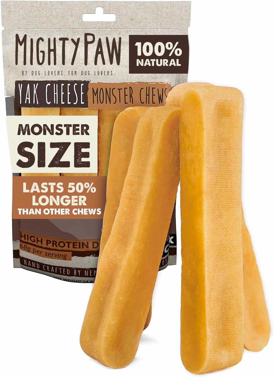 Yak Cheese Dog Chews - All-Natural Treats for Dogs - High Protein Treat with 68 Grams of Protein per Chew - Delicious and Long Lasting - Limited Ingredients - Monster 4 Pack