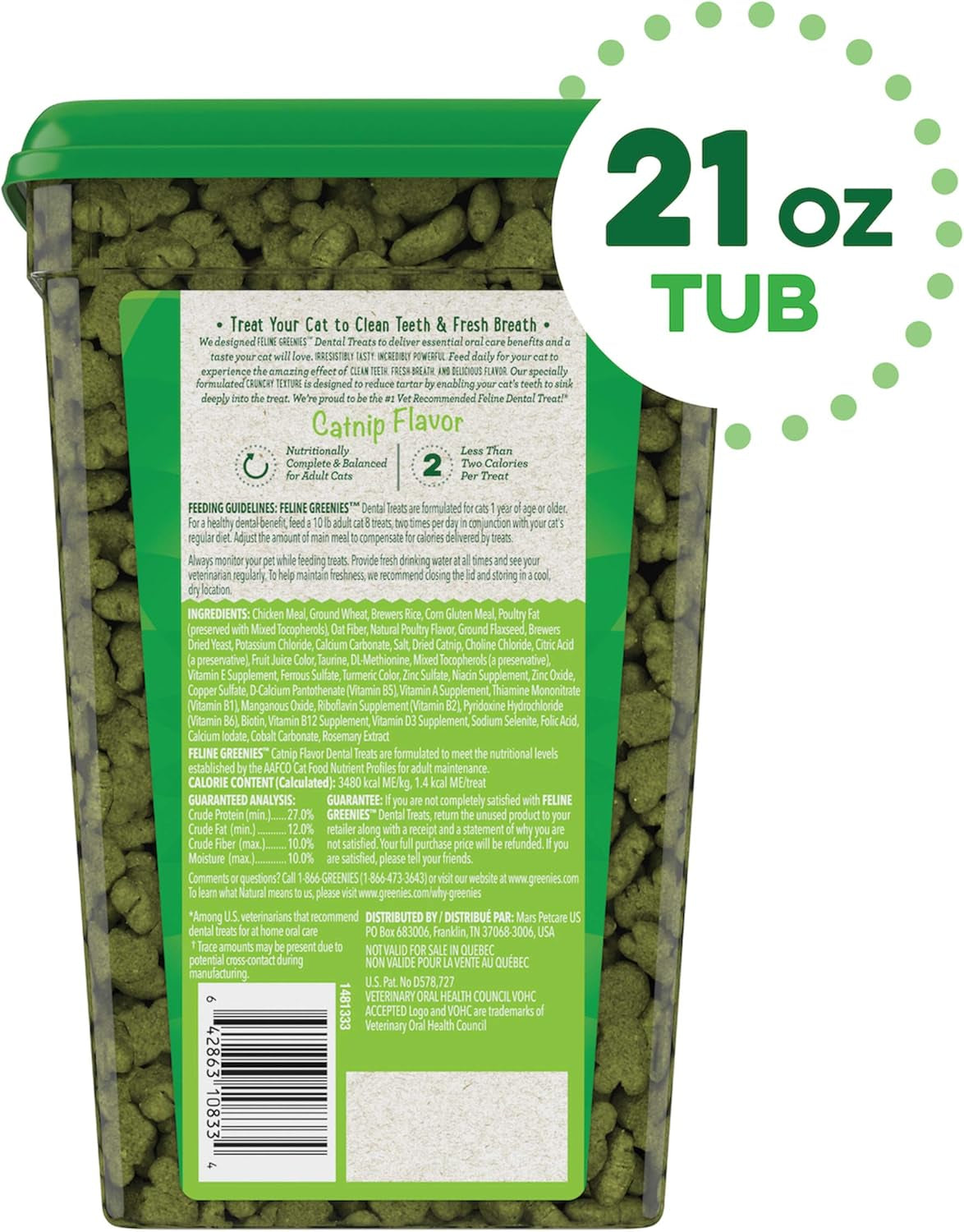 Feline Dental Cat Treats, Catnip Flavor, 21 Oz. Tub