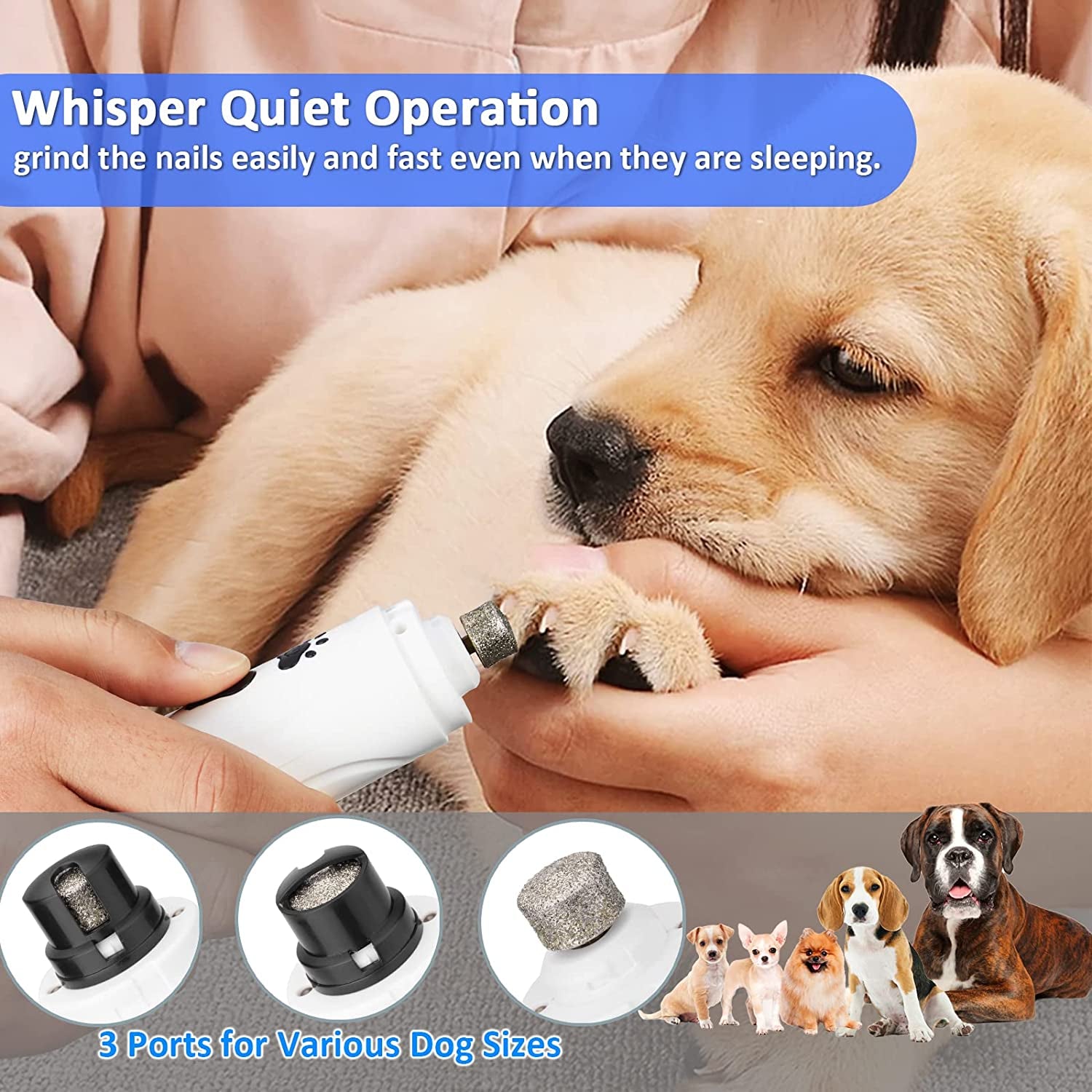 Dog Nail Grinder, Dog Nail Trimmers and Clippers Kit, Super Quiet Electric Pet Nail Grinder, Rechargeable, for Small Large Dogs & Cats Toenail & Claw Grooming,3 Speeds