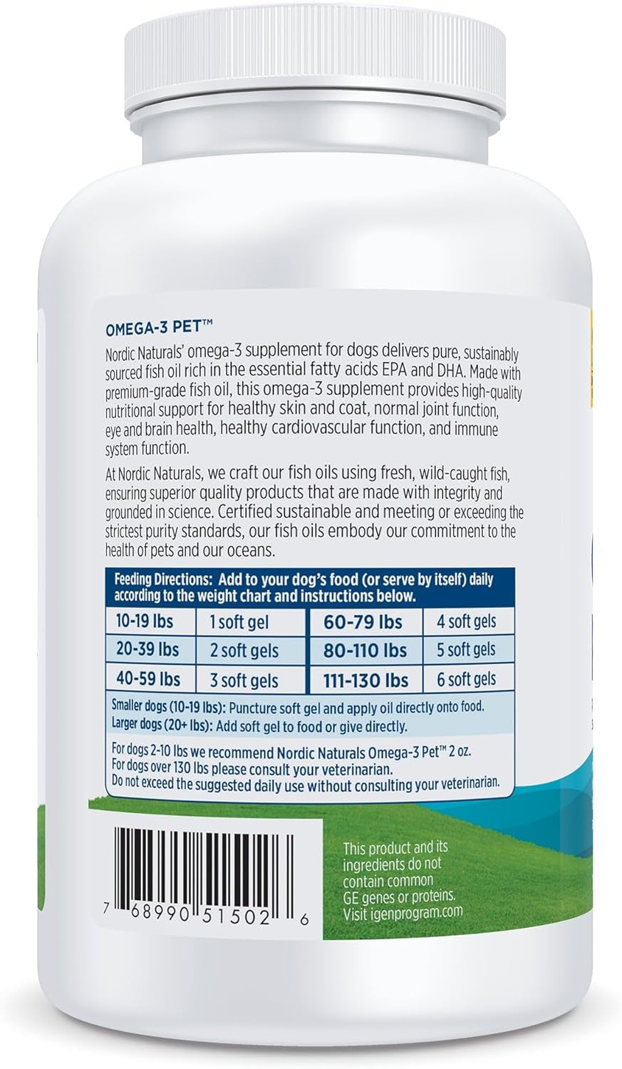 Omega-3 Pet, Unflavored - 180 Soft Gels - 320 Mg Omega-3 per Soft Gel - Fish Oil for Dogs with EPA & DHA - Promotes Heart, Skin, Coat, & Immune Health