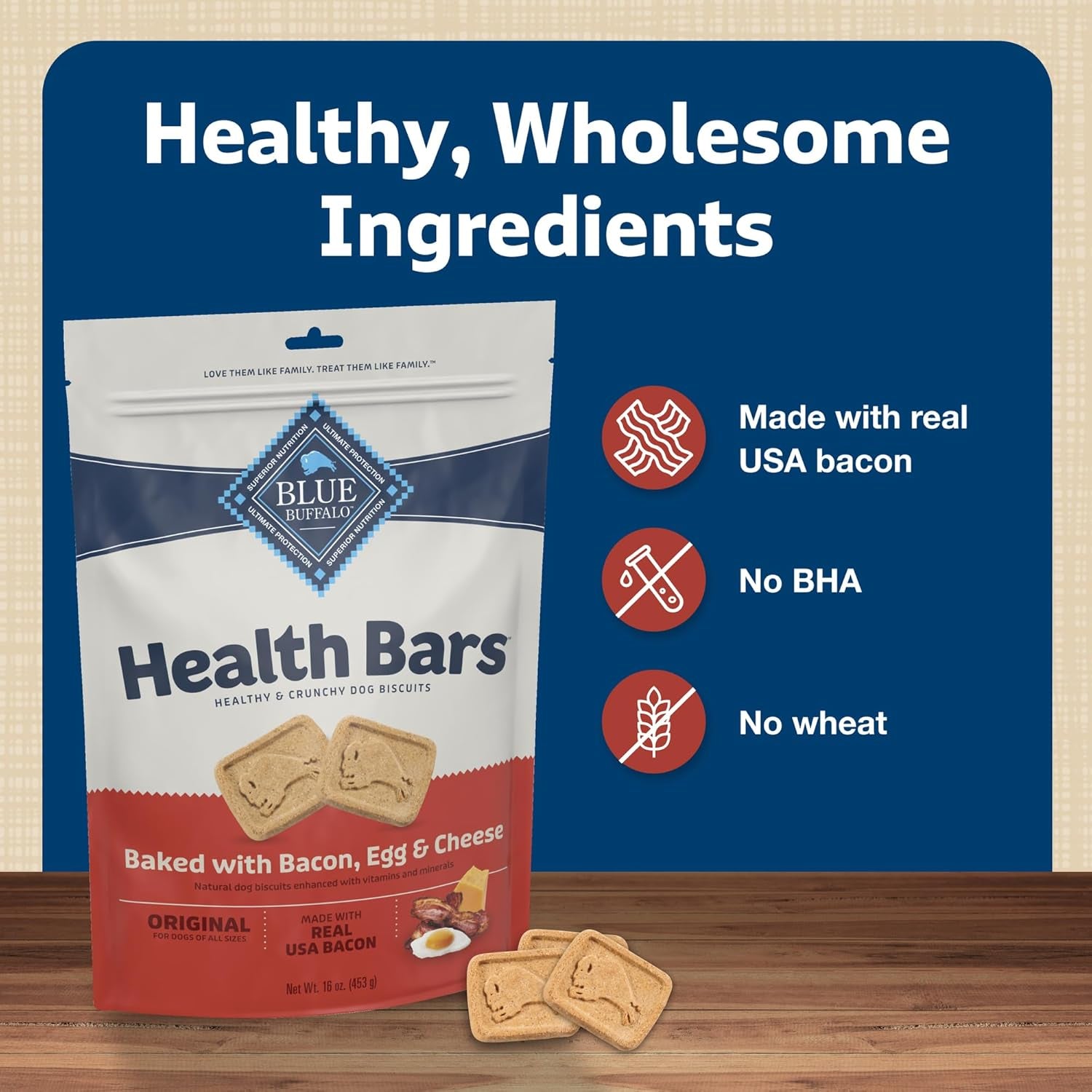 Health Bars Crunchy Dog Biscuits, Oven-Baked with Natural Ingredients, Bacon, Egg & Cheese , 16-Oz Bag