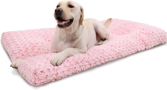 Washable Dog Bed Deluxe Plush Dog Crate Beds Comfy Kennel Pad Anti-Slip Pet Sleeping Mat for Large, Jumbo, Medium, Small Dogs Breeds, 35" X 23", Pink