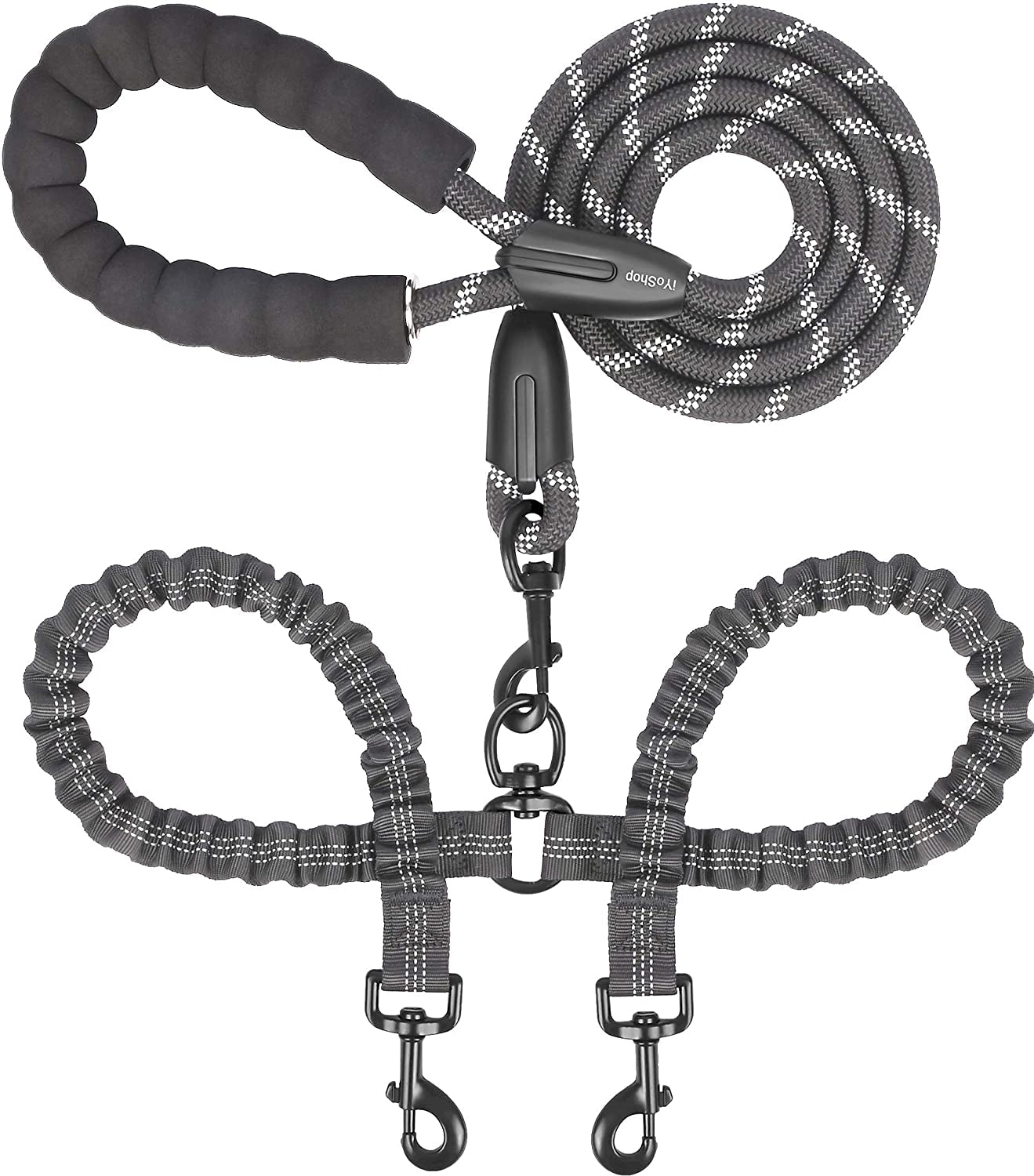Dual Dog Leash - 360° Swivel, No Tangle Walking Leash with Shock Absorbing Bungee for Two Dogs (Medium, 8-35 Lbs, Black)