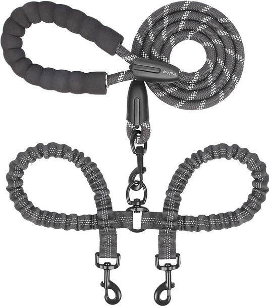 Dual Dog Leash - 360° Swivel, No Tangle Walking Leash with Shock Absorbing Bungee for Two Dogs (Large, 25-150 Lbs, Black)